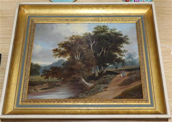 19th century English School, oil on panel, Mother and child in a landscape, 25 x 31cm